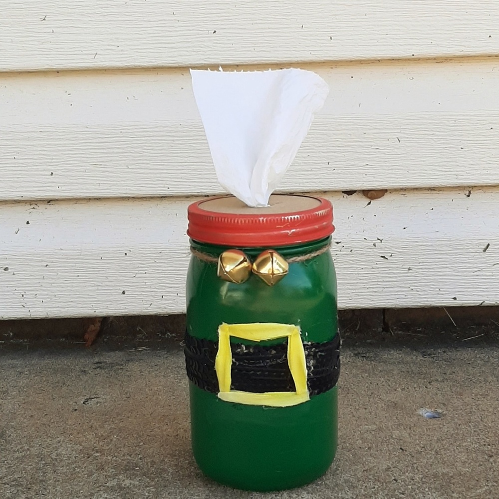 Elf themed tissue jar handmade.
